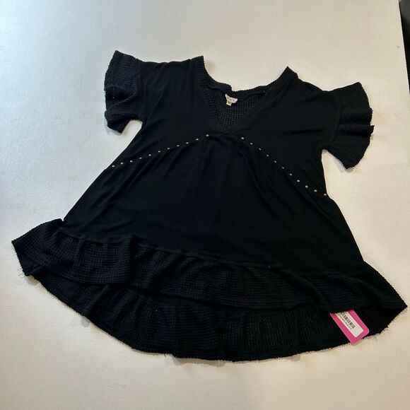 POL Boho Black Studded Ruffle Hem Tunic Top Size Small | Flowy Artsy Layered - Picture 7 of 7